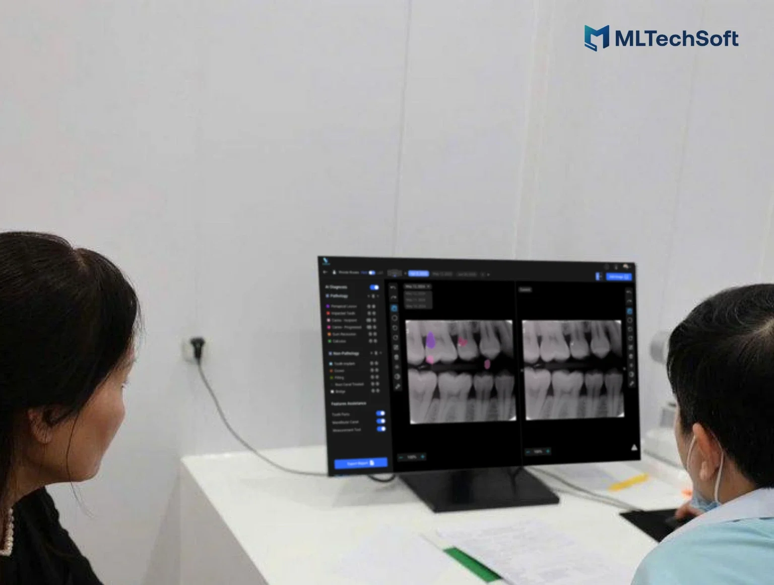 Dentist consulting a patient while showing AI-generated results on a computer.