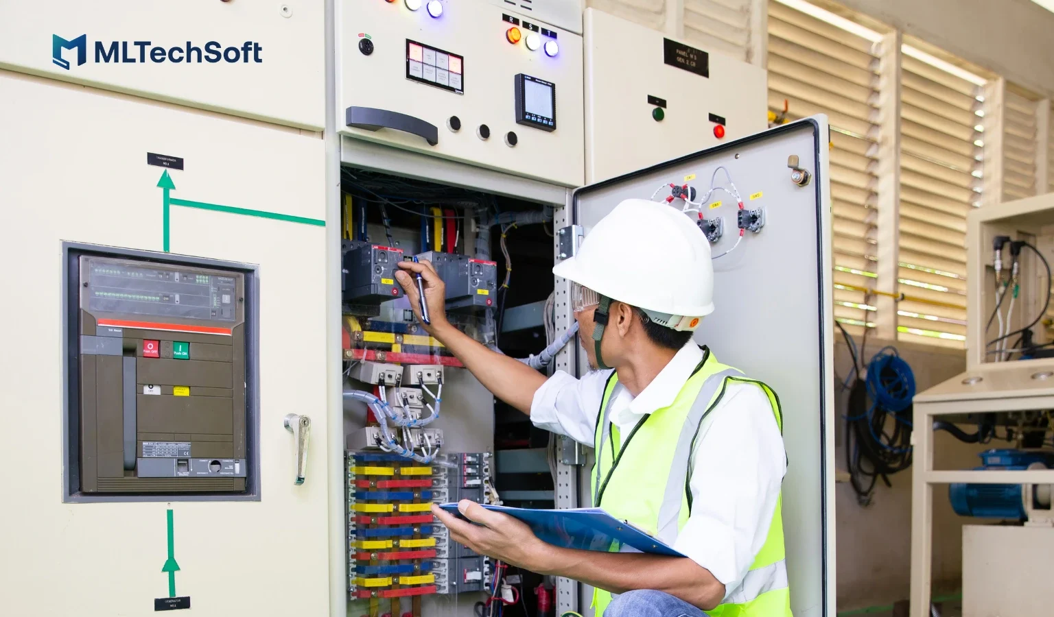 A technician manually recording maintenance tasks using paper forms in a factory setting.