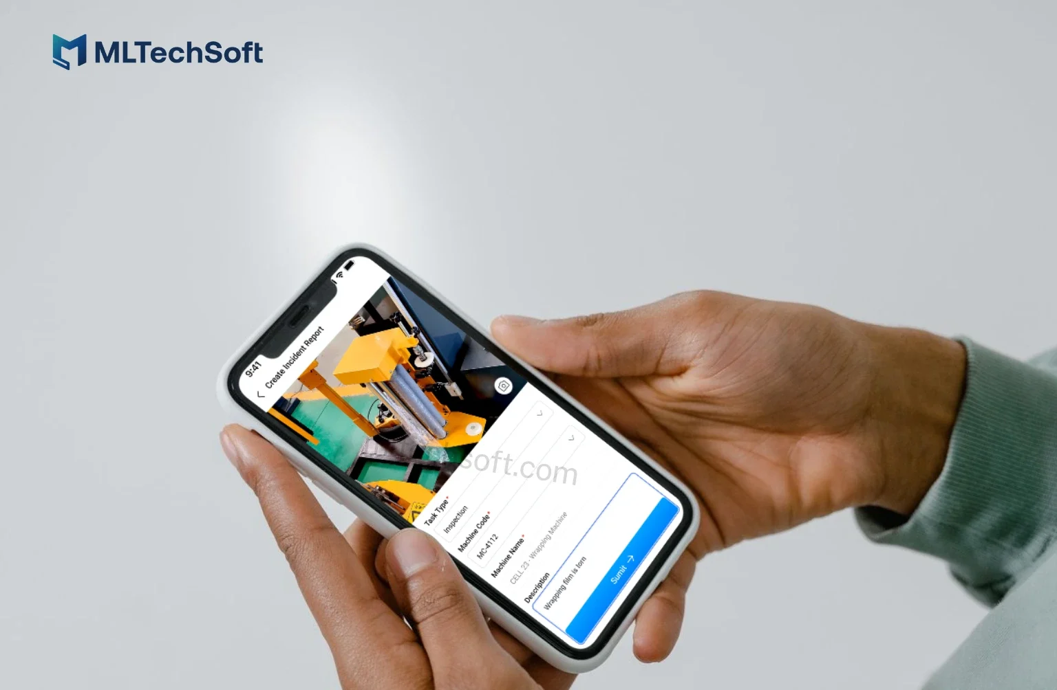 Screenshot of the PWA showing a maintenance task being logged with image upload, on a tablet.